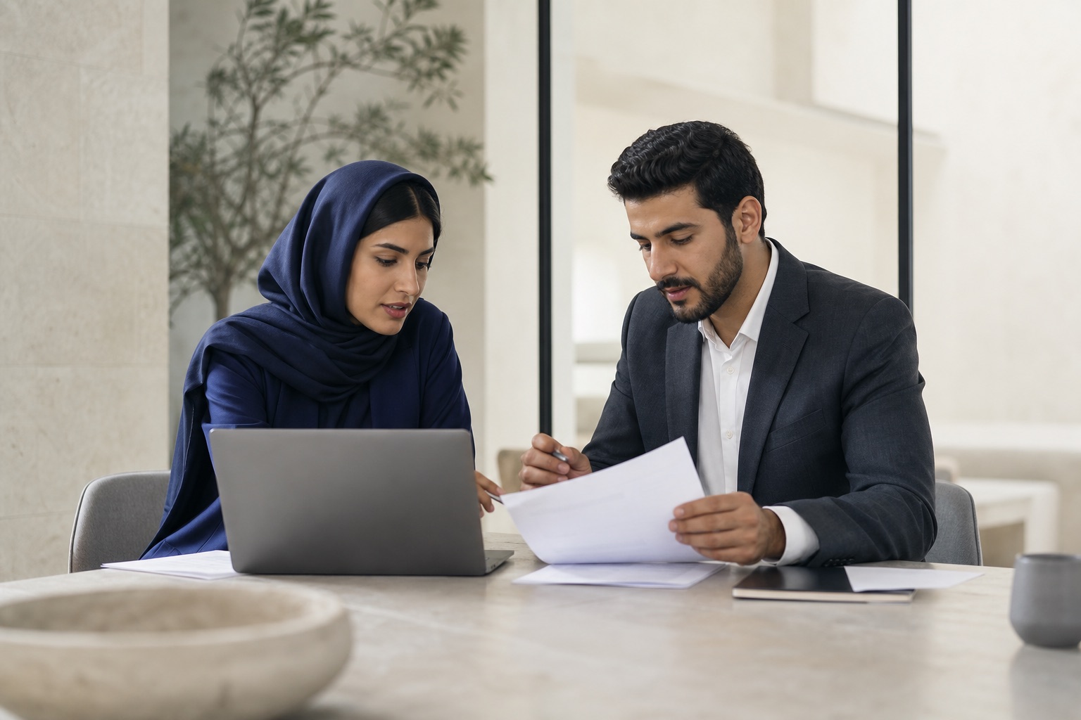 فريق جِسر يراجع ملف تأسيس شركة مع أحد العملاء